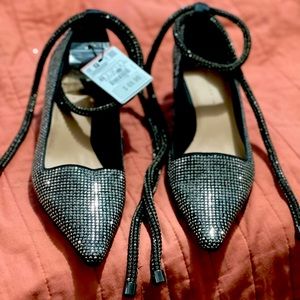 Zara Black and silver/gunmetal lace up pointy toe pumps.